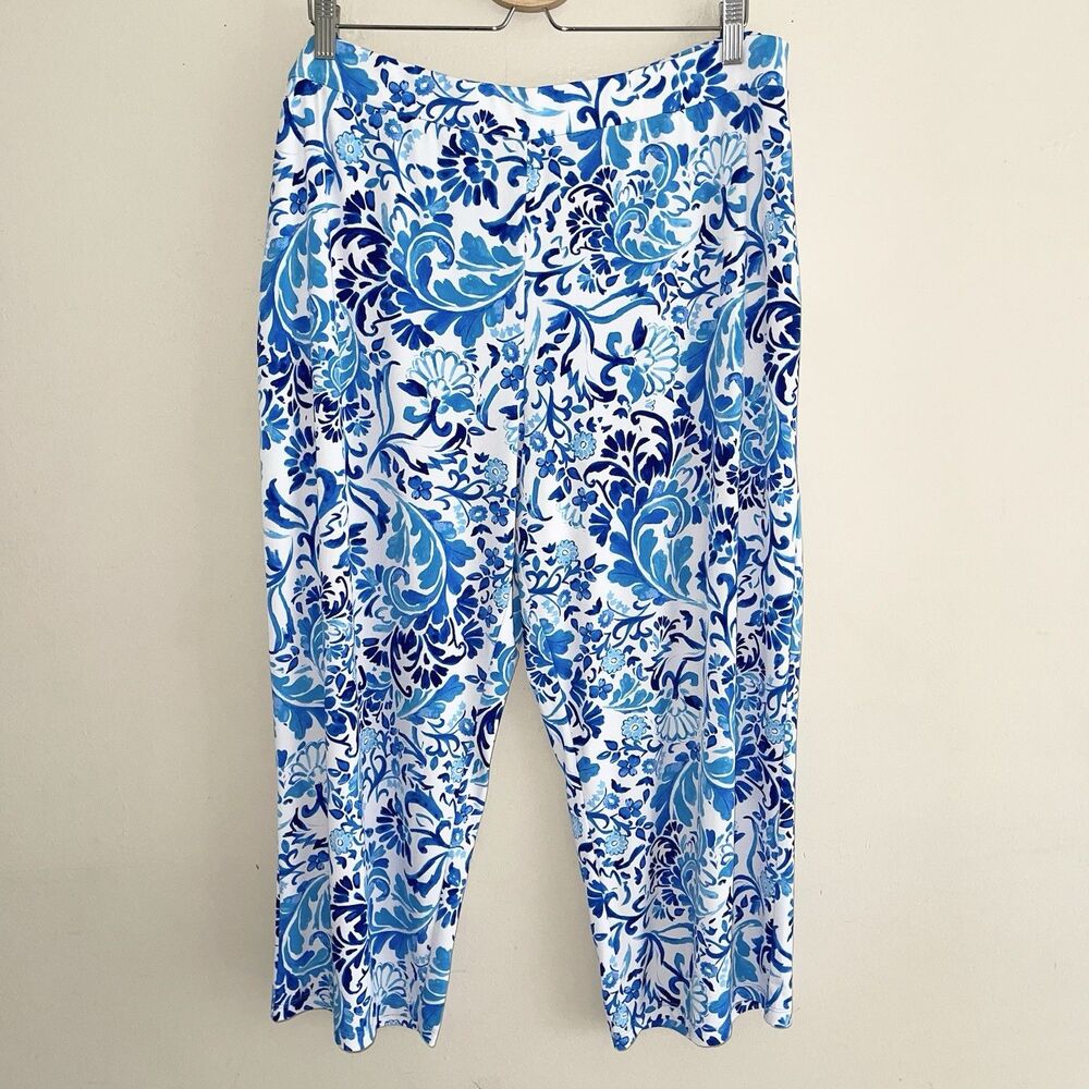 Susan Graver Pull On Wide Leg Crop Pants Size XL Blue White Floral Casual Knit